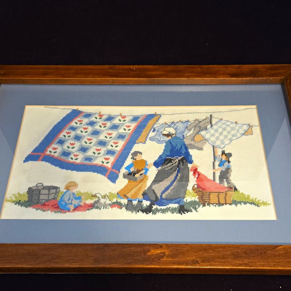 Vin Framed Finished Cross Stitch Amish Breezy Day Quilt Folk Art Country 18.5×13